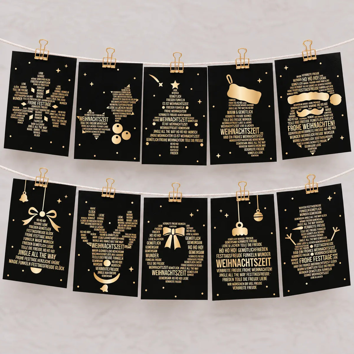Young Hustle Weihnachtskarten Set mit 10 verschiedenen Weihnachtsmotiven in Schwarz und Gold, inklusive zehn passender Umschläge