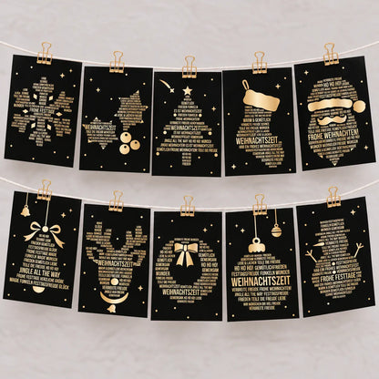 Young Hustle Weihnachtskarten Set mit 10 verschiedenen Weihnachtsmotiven in Schwarz und Gold, inklusive zehn passender Umschläge