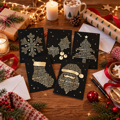 Weihnachtskarten Set mit 10 Motiven in Schwarz & Gold mit Umschlägen