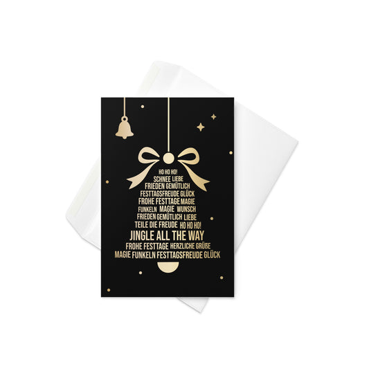Weihnachtskarte mit goldenem Glockenmotiv, großer Schleife und kleinen Sternen auf schwarzem Hintergrund