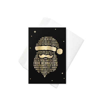 Weihnachtskarte mit goldenem Weihnachtsmannmotiv, kleinen Sternen und Punkten auf schwarzem Hintergrund