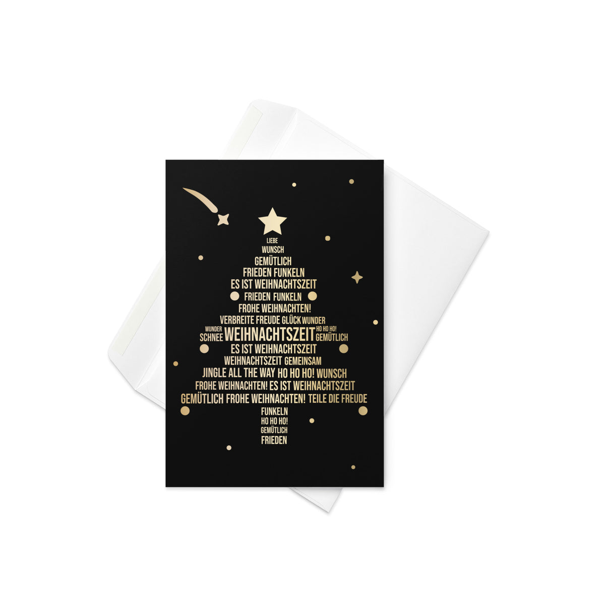 Weihnachtskarte mit goldenem Weihnachtsbaummotiv, kleinen Sternen und Punkten auf schwarzem Hintergrund