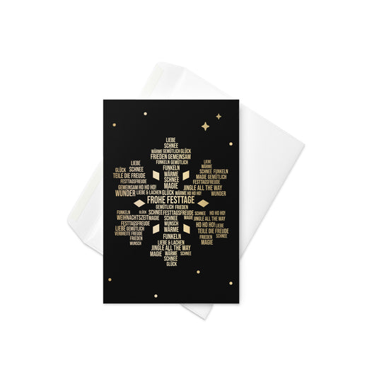 Weihnachtskarte mit goldfarbener Schneeflocke und Schriftzug „Frohe Festtage“ auf schwarzem Hintergrund mit kleinen Sternen und Punkten